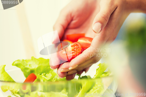 Image of close up of woman cooking vegetable salad at home
