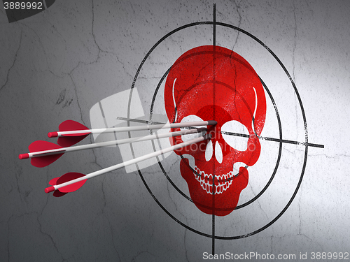 Image of Health concept: arrows in Scull target on wall background