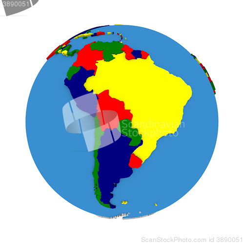 Image of South America on political model of Earth