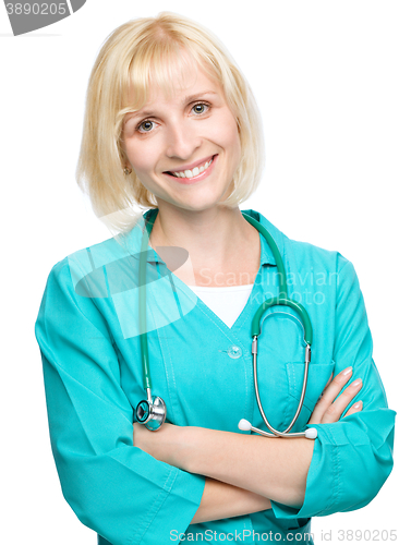 Image of Portrait of a woman wearing doctor uniform
