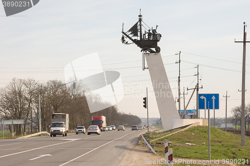 Image of Anapa, Russia - April 2, 2016: Stella with the vehicle on the highway A-290 Novorossiysk - Kerch, at the entrance to Anapa, at the turn in Vityazevo village