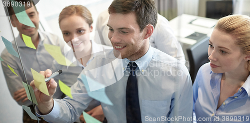 Image of smiling business people with marker and stickers