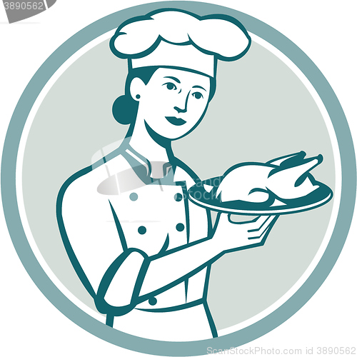 Image of Female Chef Serving Chicken Roast Circle Retro