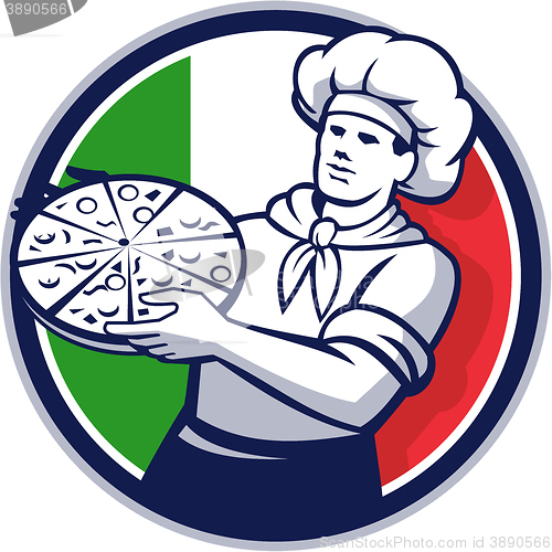 Image of Pizza Chef Holding Pizza Italy Flag Circle Retro