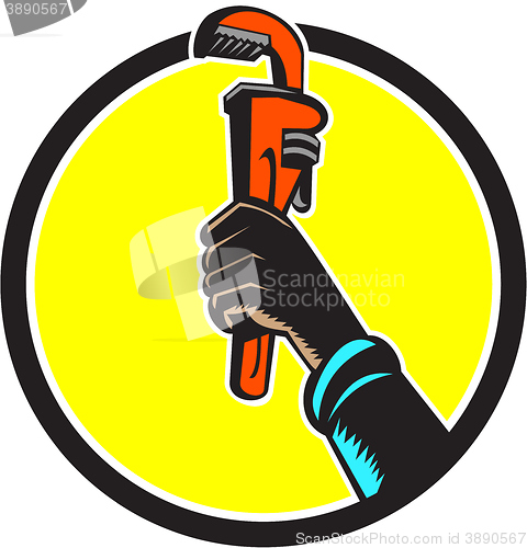 Image of Black Plumber Hand Raising Monkey Wrench Circle