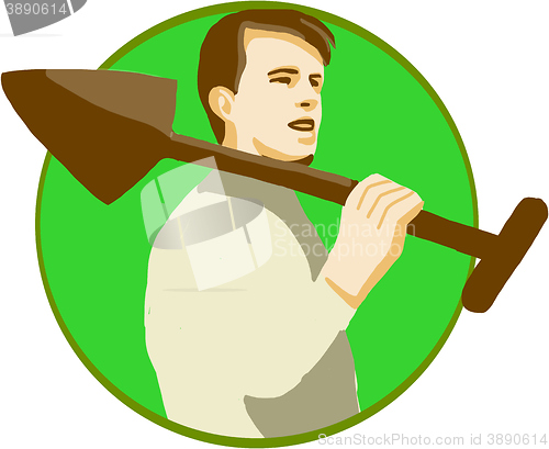 Image of Gardener Shovel On Shoulder Circle Retro