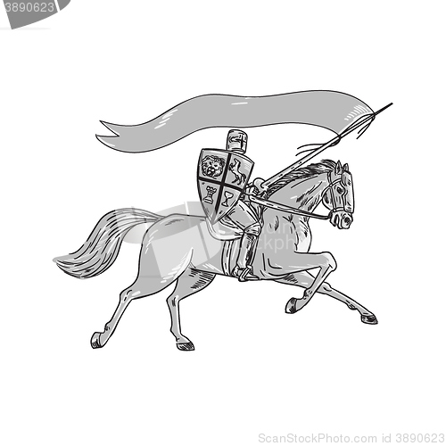 Image of Knight Riding Horse Shield Lance Flag Retro