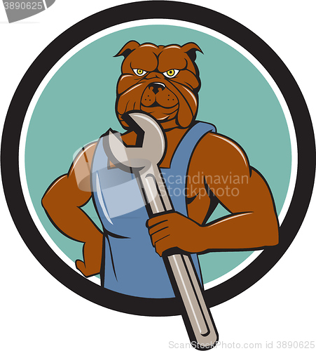 Image of Bulldog Mechanic Holding Wrench Circle Cartoon