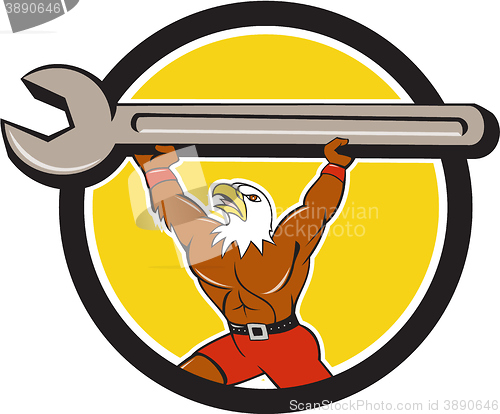 Image of American Bald Eagle Mechanic Spanner Circle Cartoon 