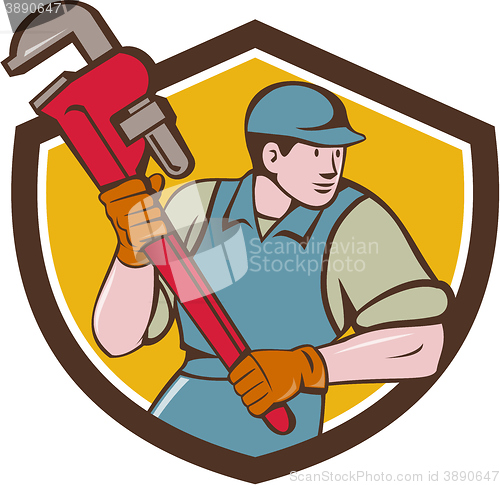 Image of Plumber Running Monkey Wrench Crest Cartoon