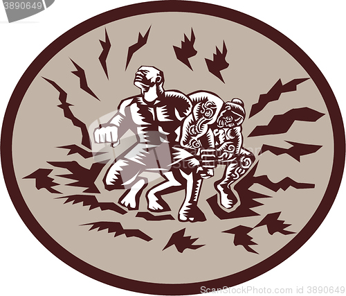 Image of Tiitii Wrestling God of Earthquake Circle Woodcut