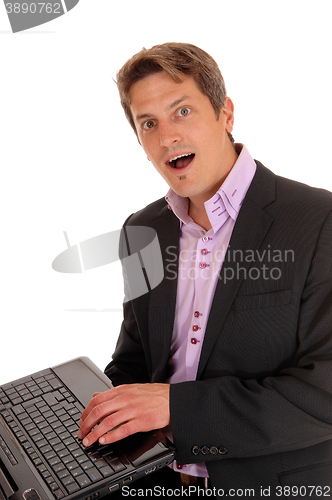 Image of Businessman surprised looking on laptop.
