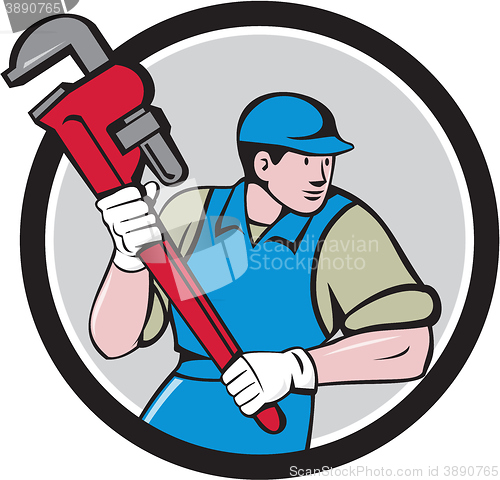 Image of Plumber Running Monkey Wrench Circle Cartoon