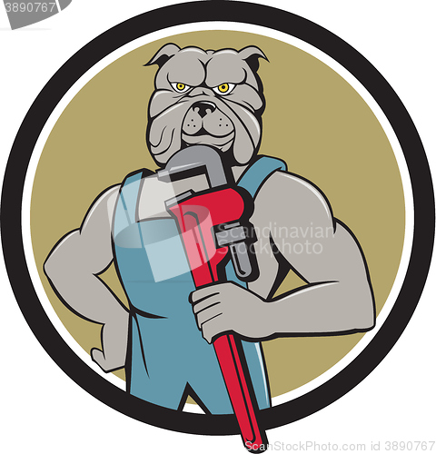 Image of Bulldog Plumber Monkey Wrench Circle Cartoon