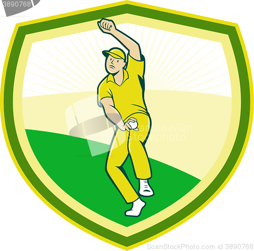 Image of Cricket Player Bowling Crest Cartoon