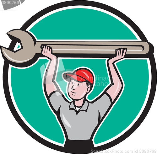 Image of Mechanic Lifting Wrench Circle Cartoon