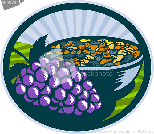 Image of Grapes Raisins Bowl Oval Woodcut