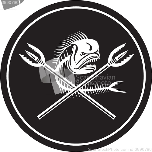 Image of Skull Mahi Mahi Dolphin Fish Crossed Spears Circle Retro