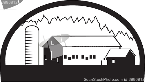 Image of Farm Barn House Silo Black and White