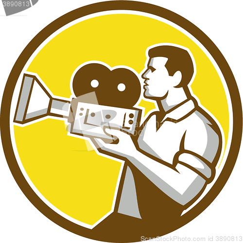 Image of Cameraman Cradling Vintage Movie Camera Circle Retro