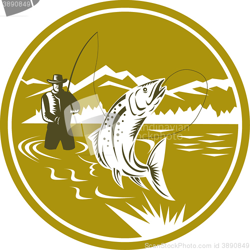 Image of Fly Fisherman Reeling Trout Circle Retro