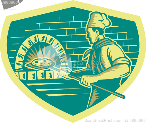 Image of Pizza Maker Holding Peel Crest Woodcut