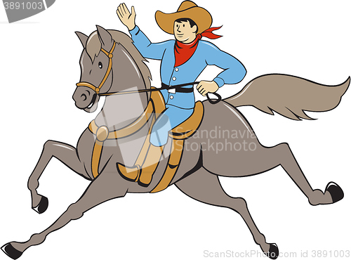 Image of Cowboy Riding Horse Waving Cartoon