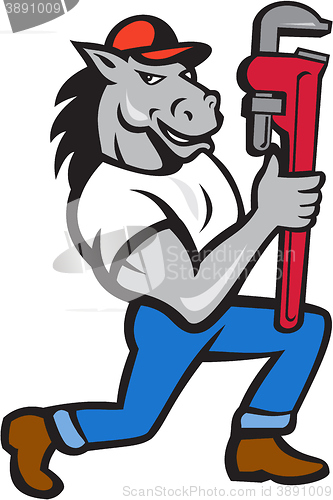 Image of Horse Plumber Kneeling Monkey Wrench Cartoon