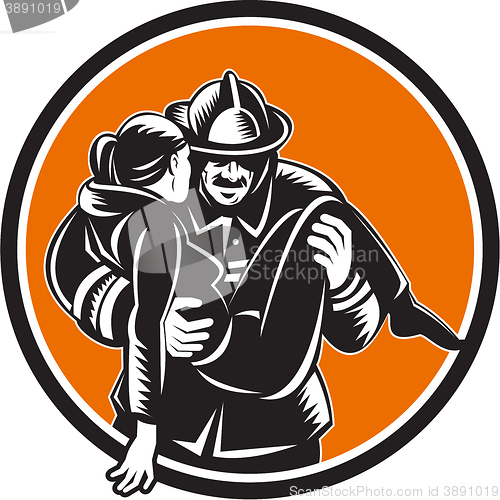 Image of Fireman Firefighter Saving Girl Circle Woodcut