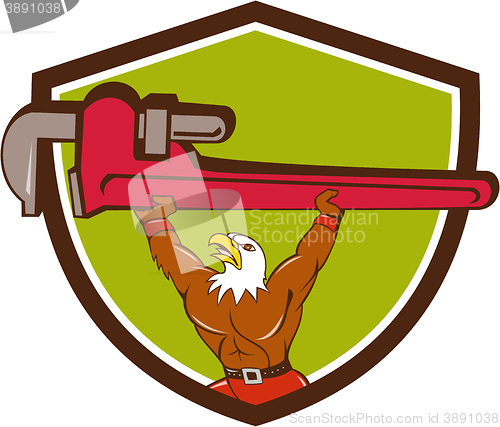 Image of Bald Eagle Plumber Monkey Wrench Shield Cartoon