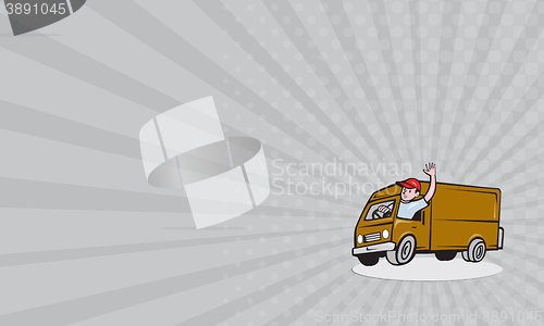 Image of Business card Delivery Man Waving Driving Van Cartoon