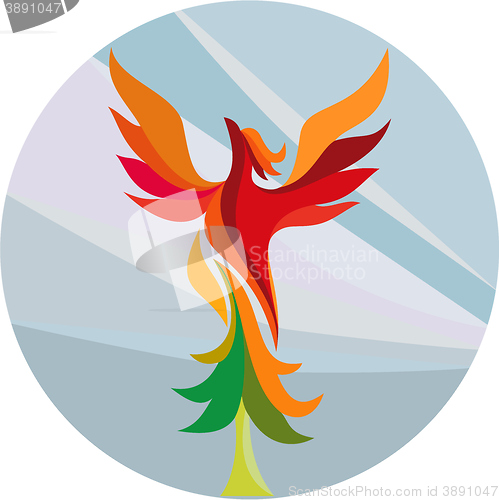 Image of Phoenix Rising Burning Tree Circle Retro