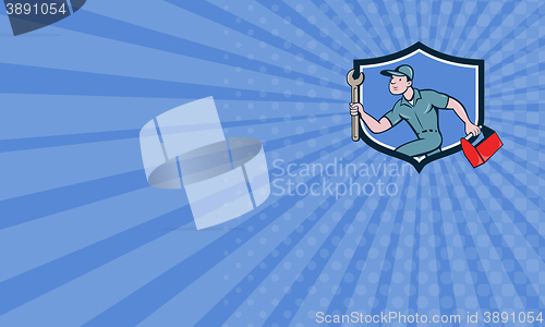 Image of Business card Mechanic Spanner Toolbox Running Crest Cartoon