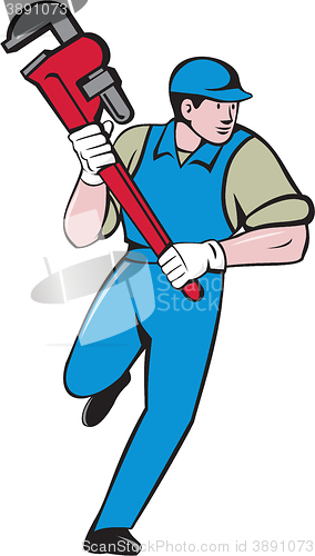 Image of Plumber Running Monkey Wrench Cartoon