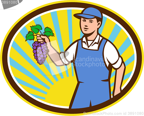 Image of Organic Farmer Boy Holding Grapes Oval Retro