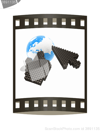 Image of Link selection computer mouse cursor and Earth - Glodal internet concept on white background. The film strip