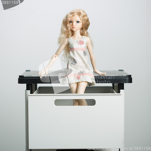 Image of doll in a box on a light background. blurred rear plan