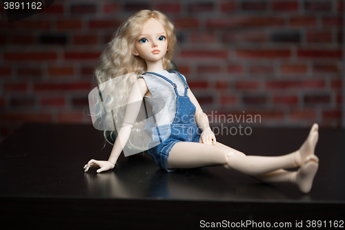 Image of doll on a background of a brick wall.