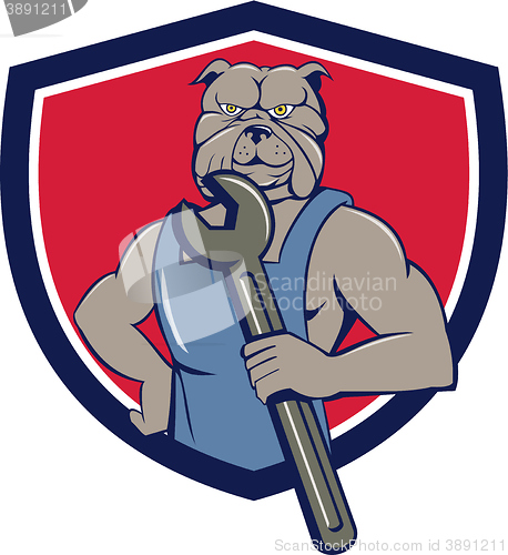 Image of Bulldog Mechanic Holding Wrench Shield Cartoon