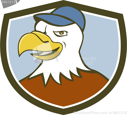 Image of American Bald Eagle Head Smiling Shield Cartoon
