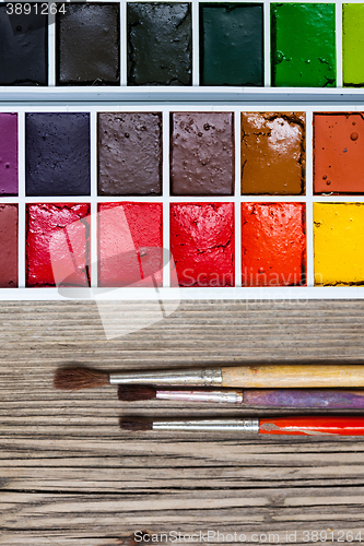 Image of aquarelle paint box and three brushes