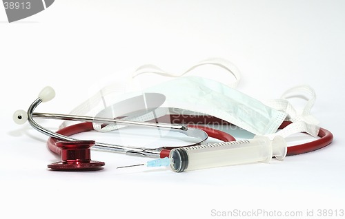 Image of Stethoscope, syringe and a mouth protection