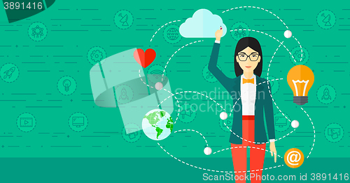 Image of Business woman and cloud computing.