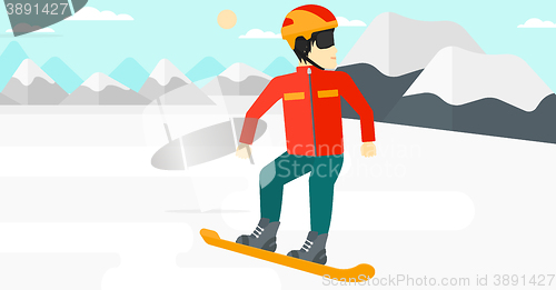 Image of Young man snowboarding.