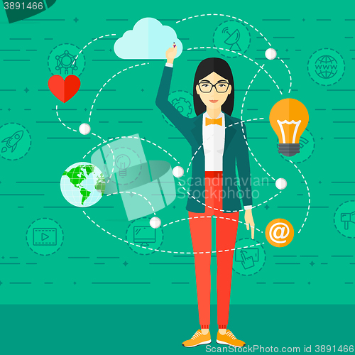 Image of Business woman and cloud computing.