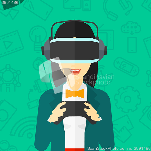 Image of Woman wearing virtual reality headset.