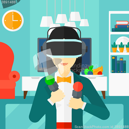 Image of Woman wearing virtual reality headset.