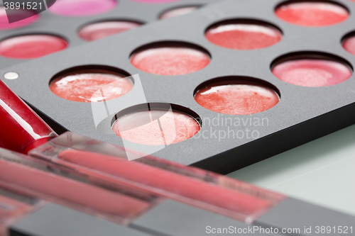 Image of set of professional makeup artist. Different Lipstick