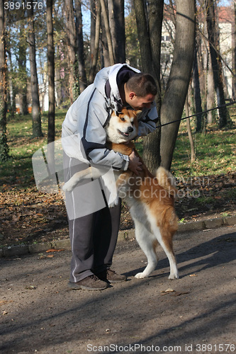 Image of Man and joyful dog in public park