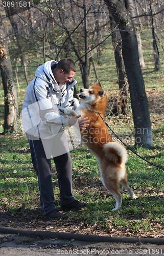 Image of Man and joyful dog in public park